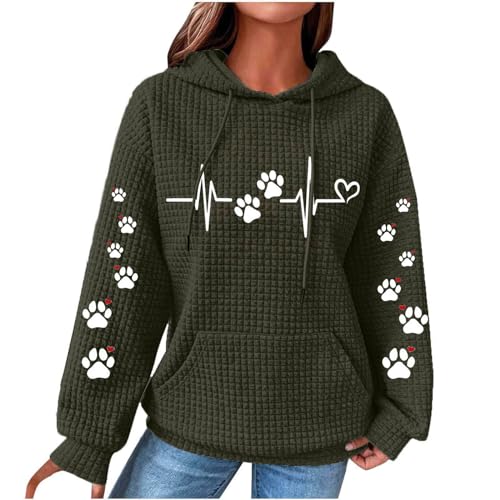 Hoodie Damen Hundepfote Liebesmotiv Sweatshirt Waffel Kapuzenpullover Überschnittene Schultern Bluseshirt Kordelzug Kapuzenpulli mit Taschen Autumn Winter Oberteile Teenager Mädchen Sportshirt von Generic
