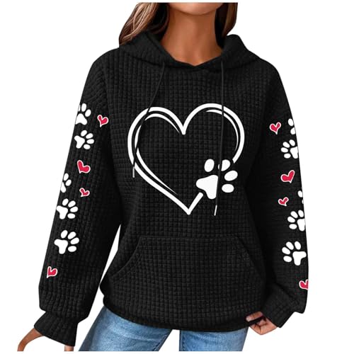 Hoodie Damen Hundepfotenabdruck Kapuzenpullover Liebesmotiv Bedruckt Pulli Kordelzug Pullover mit Taschen Reguläre Passform Kapuzenpulli Langarm Waffel Bluse Autumn Winter Oberteile Sportshirt von Generic