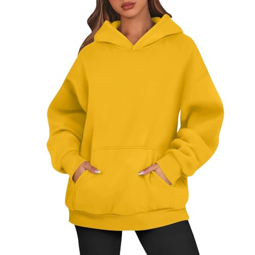 Hoodie Damen Kapuzenpullover Oversize Casual Pullover Sweatshirt Langarm Baumwolle Pulli Herbst Winter Basic Hoody mit Tasche,Gelb,S von Generic