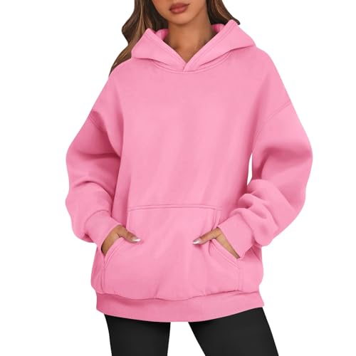 Hoodie Damen Kapuzenpullover Oversize Casual Pullover Sweatshirt Langarm Baumwolle Pulli Herbst Winter Basic Hoody mit Tasche,Pink,L von Generic