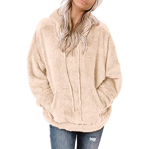 Hoodie Damen Kapuzenpullover Teddy-Fleece Pullover Herbst Winter Warm Oberteil Langarm Einfarbig Casual Sweatshirt von Generic