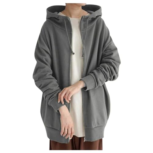 Hoodie Damen Lang Sweatjacke - Zipper Hoody Loser Kapuzenjacke, Oversize Sweatjacke Mit Kapuze LoseWinter Winddicht Warm Mantel Mit Reißverschluss Outdoor Fleecejacke Mit Taschen Windjacke von Generic