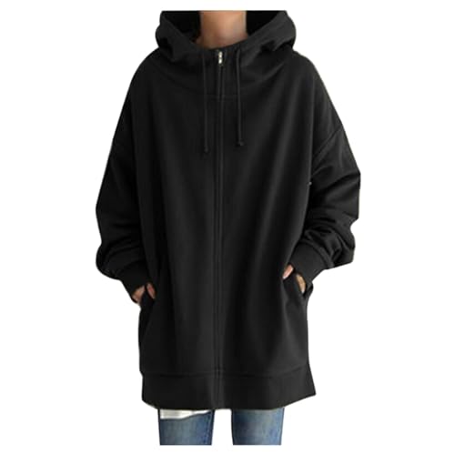 Hoodie Damen Lang Sweatjacke - Zipper Hoody Loser Kapuzenjacke, Oversize Sweatjacke Mit Kapuze LoseWinter Winddicht Warm Mantel Mit Reißverschluss Outdoor Fleecejacke Mit Taschen Windjacke von Generic