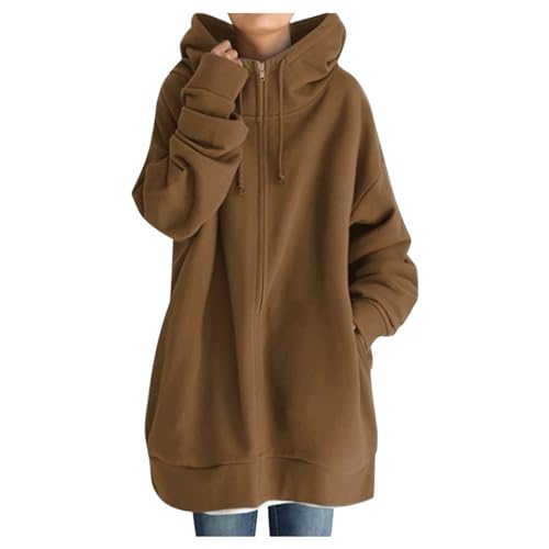 Hoodie Damen Lang Sweatjacke - Zipper Hoody Loser Kapuzenjacke, Oversize Sweatjacke Mit Kapuze LoseWinter Winddicht Warm Mantel Mit Reißverschluss Outdoor Fleecejacke Mit Taschen Windjacke von Generic