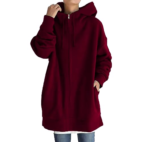 Hoodie Damen Lang Sweatjacke - Zipper Hoody Loser Kapuzenjacke, Oversize Sweatjacke Mit Kapuze LoseWinter Winddicht Warm Mantel Mit Reißverschluss Outdoor Fleecejacke Mit Taschen Windjacke von Generic