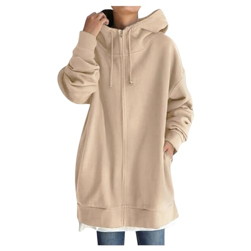 Hoodie Damen Lang Sweatjacke - Zipper Hoody Loser Kapuzenjacke, Oversize Sweatjacke Mit Kapuze LoseWinter Winddicht Warm Mantel Mit Reißverschluss Outdoor Fleecejacke Mit Taschen Windjacke von Generic
