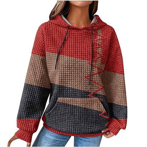 Hoodie Damen Langarm Kapuzenpullover Sweatshirt Mode Waffel Kapuzenpulli Farbblock Pulli Oberteile mit Kapuze Herbst Winter Warm Pullover Teenager Mädchen Outwear Sport Jumper Tops Rot S von Generic