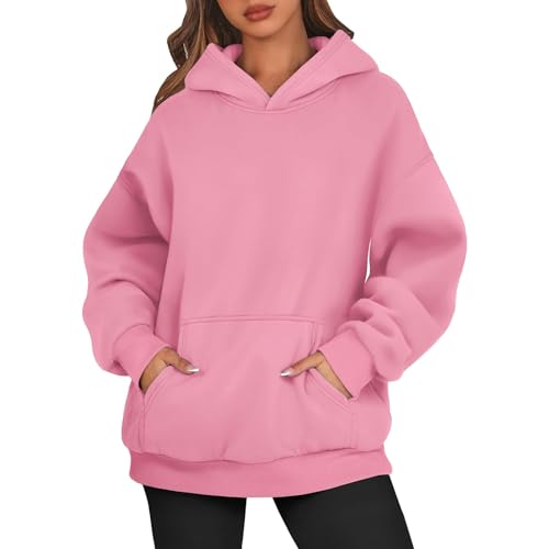 Hoodie Damen – Oversize Kapuzenpullover Frauen Pullover Sweatshirt mit Kapuze Herbst Casual Sweatshirts Loose Fit Freizeit Sport Langarm Hoodies,Pink,S von Generic