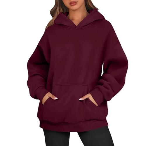 Hoodie Damen – Oversize Kapuzenpullover Frauen Pullover Sweatshirt mit Kapuze Herbst Casual Sweatshirts Loose Fit Freizeit Sport Langarm Hoodies,Rot,M von Generic