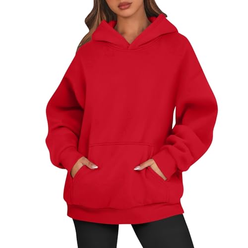 Hoodie Damen – Oversize Kapuzenpullover Frauen Pullover Sweatshirt mit Kapuze Herbst Casual Sweatshirts Loose Fit Freizeit Sport Langarm Hoodies,Rot,XL von Generic