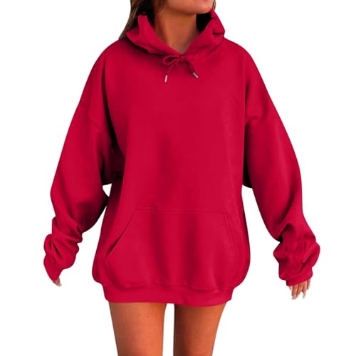 Hoodie Damen Oversize Langarm Sweatshirt Freizeit Sport Langarmshirt Fleece Gefütterte Hoodies Einfarbig Basic Kapuzenpullover Casual Drawstring Tops mit Taschen Rot XXL Hoodie Damen Oversize Langarm Sweatshirt Freizeit Sport Langarmshirt Fleece Gefütterte Hoodies Einfarbig Basic Kapuzenpullover Casual Drawstring Tops mit Taschen Rot XXL von Generic