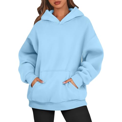 Hoodie Damen Oversize Pullover Sport Langarm Fleece Gefütterte Sweatshirt mit Kapuze Herbst Einfarbig Basic Kapuzenpullover,Blau,L von Generic