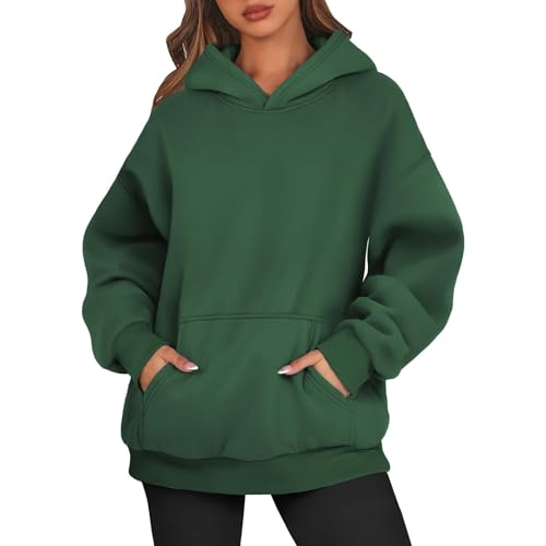 Hoodie Damen Oversize Pullover Sport Langarm Fleece Gefütterte Sweatshirt mit Kapuze Herbst Einfarbig Basic Kapuzenpullover,Grün,M von Generic