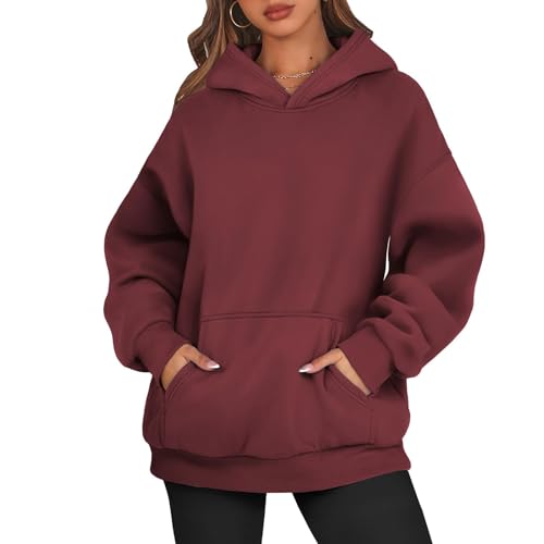 Hoodie Damen Oversize Pullover Sport Langarm Fleece Gefütterte Sweatshirt mit Kapuze Herbst Einfarbig Basic Kapuzenpullover,Rot,M von Generic