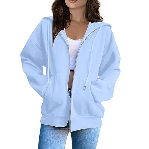 Hoodie Damen Reißverschluss,Jacke Damen Sweatjacke Hoodie Sweatshirtjacke Pullover Oberteile Kapuzenpullover,Coole Klamotten Für Teenager Mädchen,Himmelblau,L von Generic