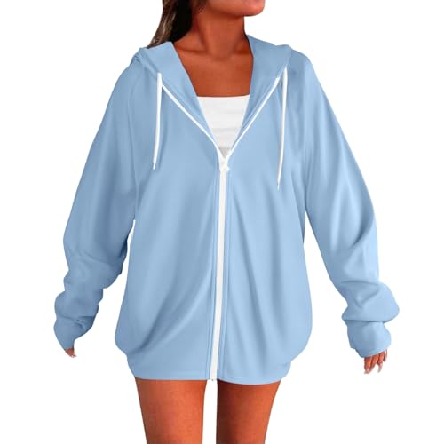 Hoodie Damen Reißverschluss Lange Strickjacken Damen Schwarz Basic Leichtes Sweatshirt Print Langarmshirts Kordelzug Full Zip Hoodies hellblau 5XL von Generic