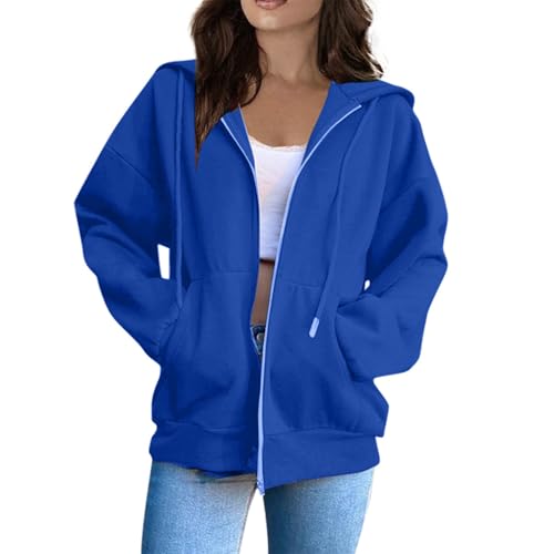 Hoodie Damen Sweatjacke 2025 Kapuzenjacke Herbst Winter Lang Sweatshirt Mit Kapuze Reißverschluss Kapuzenpullover,Blau,XXL von Generic
