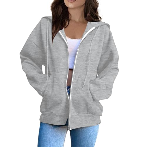 Hoodie Damen Sweatjacke Einfarbig Basic Kapuzenjacke Casual Kapuzenpulli Herbst Sweatshirt mit Kapuze Reißverschluss Hoodies mit Taschen,Grau,L von Generic