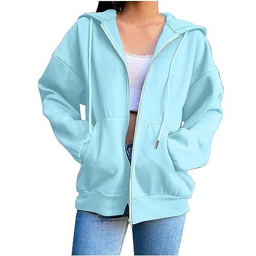 Hoodie Damen Sweatjacke Mit Kapuze Baumwoll Kapuzenjacke Oversize Zipper Sportjacke Frauen Langarm Sweatshirt-Jacke Y2K Sportjacken Casual Style Sweatshirt Kapuzenpullover Hellblau M von Generic