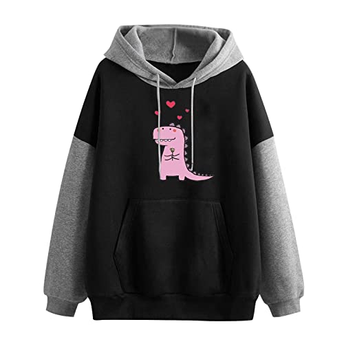 Hoodie Damen Sweatshirt mit Kapuze Japanischen Stil Kawaii Karikatur Kapuzenpullover Mädchen Herbst Winter Pullover Reisen Tägliche Langarm Dinosaurier Cute Casual Pulli Sports Oberteile (15-Black, M) von Generic