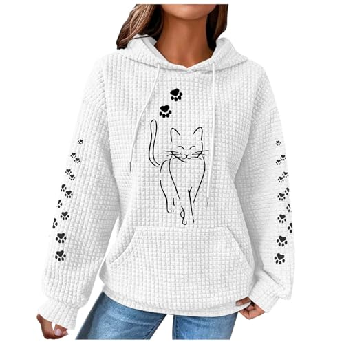 Hoodie Damen Waffel Kapuzenpullover Kawaii Katzen Druck Pullover mit Kapuze Winter Hoody Sweatshirt mit Taschen Baumwolle Strickpullover Freizeit Langarmshirt Warm Pulli Oberteile Outwear von Generic