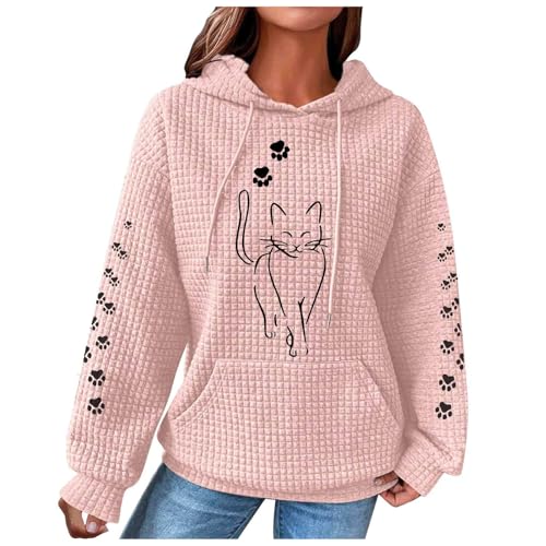 Hoodie Damen Waffel Kapuzenpullover Kawaii Katzen Druck Pullover mit Kapuze Winter Hoody Sweatshirt mit Taschen Baumwolle Strickpullover Freizeit Langarmshirt Warm Pulli Oberteile Outwear von Generic