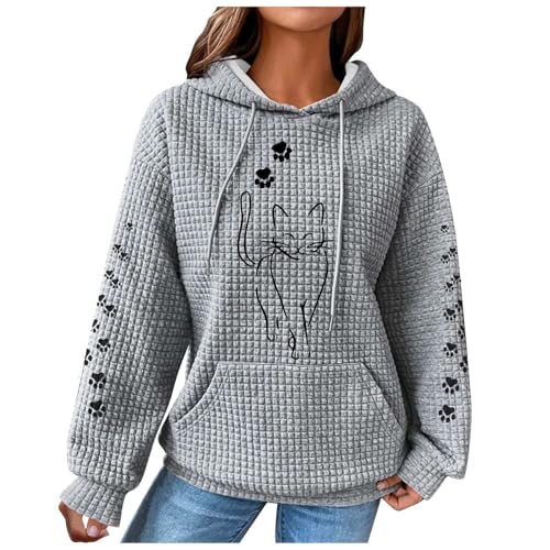 Hoodie Damen Waffel Kapuzenpullover Kawaii Katzen Druck Pullover mit Kapuze Winter Hoody Sweatshirt mit Taschen Baumwolle Strickpullover Freizeit Langarmshirt Warm Pulli Oberteile Outwear von Generic
