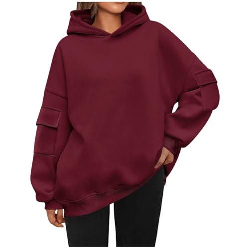 Hoodie Damen Warmes Einfarbig Sweatshirt Ärmel mit Taschen Kapuzenpullover Baggy Passform Kapuzenpulli Überschnittene Schultern Longsleeve Blusentop Trendy Teenager Mädchen Oberteile von Generic