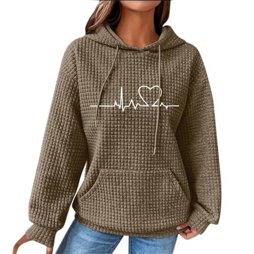 Hoodie Dicker Stoff,Teenager Pullover Couple Hoodie Sweatshirt Hoodie Damen Kapuzenpullover Damen Vintage Waffel Pullover Mit Kapuze （Braun，L） von Generic
