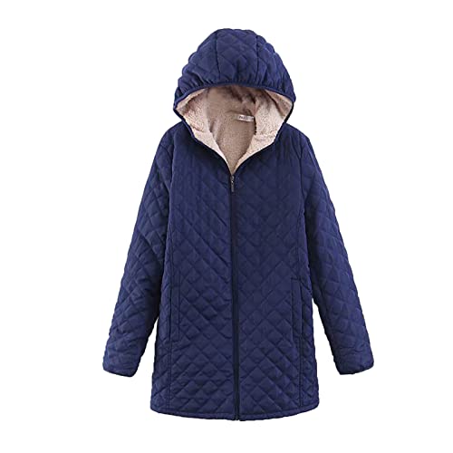 Hoodie Fleecejacke Baumwollmantel Karierte Steppjacke Teddyjacke Damenmantel Warmer Winterjacke Lässig Manteljacke Warmer Winter Midi/Kurz Lammsamt Gefüttert Übergangsjacke Einfarbig (Dark Blue, L) von Generic