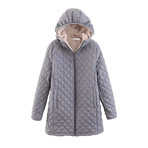 Hoodie Fleecejacke Baumwollmantel Karierte Steppjacke Teddyjacke Damenmantel Warmer Winterjacke Lässig Manteljacke Warmer Winter Midi/Kurz Lammsamt Gefüttert Übergangsjacke Einfarbig (Grey, XL) von Generic
