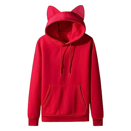 Hoodie Herren Damen Casual Lose Süße Katzenohren Kapuzen-Fleece Kapuzenpullover Einfarbig Paar-Outfit mit Tasche Langarm Sweatshirt mit Kapuze Outwear Langarm Pullover Pulli von Generic