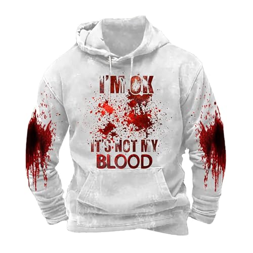 Hoodie Herren Oversize Halloween Gruselig Kapuzenpullover I am OK its not My Blood Herrenmode Casual Bloody Bedrucktes Rundhals-Sweatshirt mit Kapuze Hoody Herren Mit Kapuze Pullover (White, L) von Generic