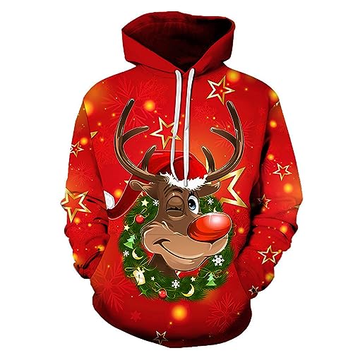 Hoodie Herren Pullover 3D Weihnachten Lustige Kapuzenpullover Oversize Merry Christmas Kapuzenpulli Funny Xmas Pullover Mit Kapuze Ugly Weihnachtspullover Rentier Santa Schnee Prints Rot 6XL von Generic