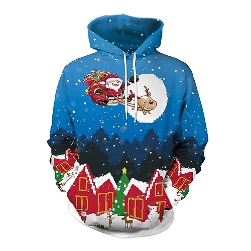 Hoodie Herren Pullover Lustige 3D Weihnachten Pullover Merry Christmas Weihnachtspullover Weihnachtsmann Langarm Sweatshirt für Jungen Winter Hoodie Sweatshirt Blau XXL von Generic