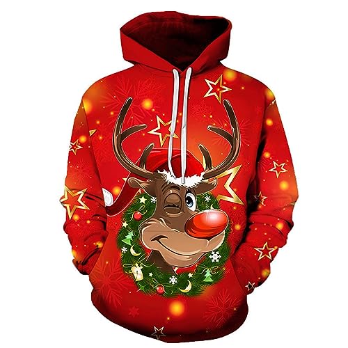 Hoodie Herren Pullover Lustige 3D Weihnachten Pullover Merry Christmas Weihnachtspullover Weihnachtsmann Langarm Sweatshirt für Jungen Winter Hoodie Sweatshirt Rot 4XL von Generic