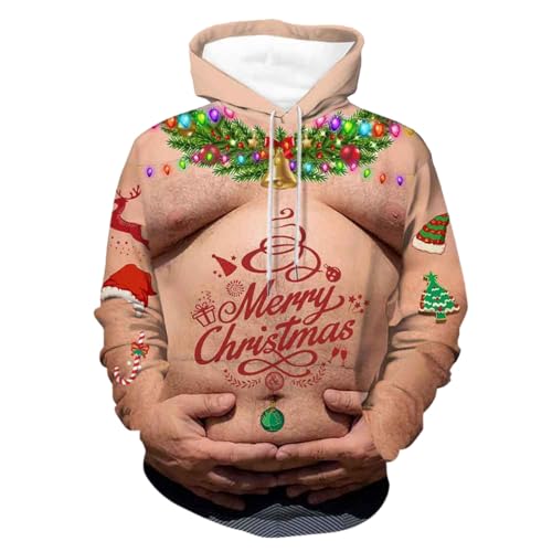 Hoodie Herren Pullover Lustige 3D Weihnachten Pullover Merry Christmas Weihnachtspullover Weihnachtsmann Langarm Sweatshirt für Jungen Winter Hoodie Sweatshirt Xmas Pulli Beige 3XL von Generic