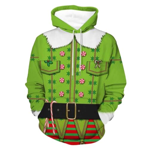 Hoodie Herren Pullover Lustige 3D Weihnachten Pullover Merry Christmas Weihnachtspullover Weihnachtsmann Langarm Sweatshirt für Jungen Winter Hoodie Sweatshirt Xmas Pulli Grün XXL von Generic