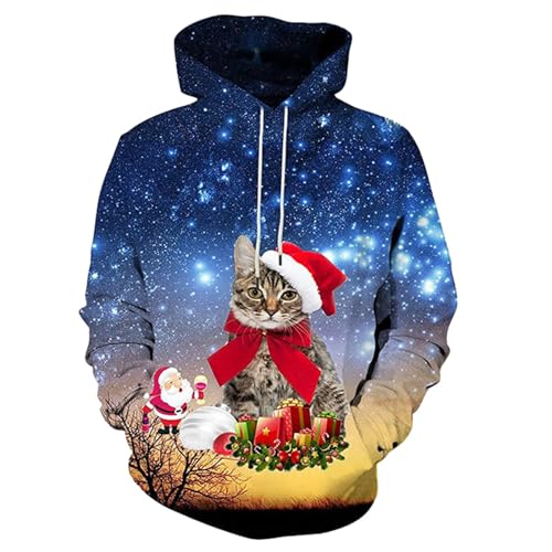 Hoodie Herren Pullover Lustige 3D Weihnachten Pullover Merry Christmas Weihnachtspullover Weihnachtsmann Langarm Sweatshirt für Jungen Winter Hoodie Sweatshirt Xmas Pulli Himmelblau 3XL von Generic