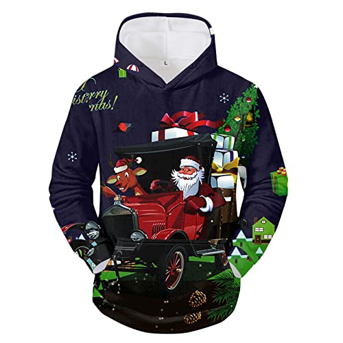 Hoodie Herren Pullover Lustige 3D Weihnachten Pullover Merry Christmas Weihnachtspullover Weihnachtsmann Langarm Sweatshirt für Jungen Winter Hoodie Sweatshirt Xmas Pulli Marine L von Generic