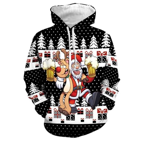 Hoodie Herren Pullover Lustige 3D Weihnachten Pullover Merry Christmas Weihnachtspullover Weihnachtsmann Langarm Sweatshirt für Jungen Winter Hoodie Sweatshirt Xmas Pulli Schwarz L von Generic