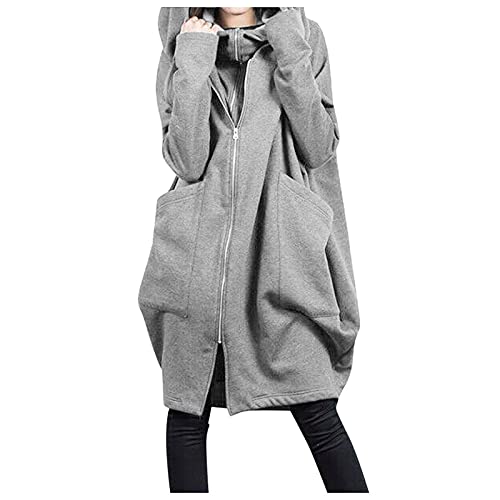 Hoodie Lang Sweatmantel Damen Mit Kapuze Full Zip Kapuzenpullover Mit Tasche Reißverschluss Sweatshirt Jacke Sweatjacke Freizeitjacke Pullover (05-Grey, XXXL) von Generic