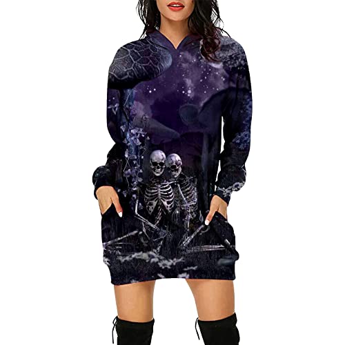 Hoodie Kleid Damen Winter Halloween Skull Print Rundhals Langarm Sweatshirt Pullover Bequem Warm Pulli Oversized Casual Lose Teenager Mädchen Hoodie Sportbekleidung(A Violett,L) von Generic