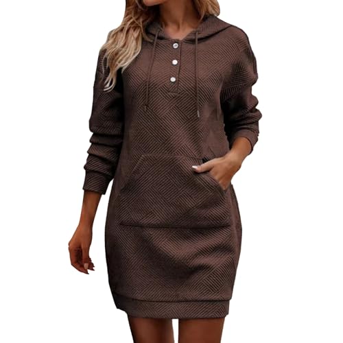 Hoodie Kleid Damen Pullover Mit Kapuze Sweatshirtkleid Mini Kleider Langarm Sweatkleid Damen Kapuzenpulli Jumper Pulli Longshirt Damen Lässig für Leggings Freizeitkleid mit Taschen(A2 Kaffee,M) von Generic