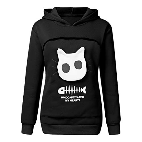 Hoodie Pullover Damen Katzenpulli mit Großen Katzentasche Hoody Sweatshirt Katzenpullover Langarm Haustiertasche Sweatjacke Känguru Taschen Langarmshirt Lässig Oberteile Sport Hoodie (1-Black, L) von Generic
