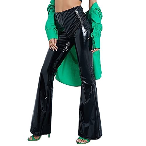 Hose Damen, Freizeithose Sommer Lang Weites Bein Sommerhose Glänzend Schlaghose High Waist Kunstlederhose Locker Lederhose Palazzo Hose Slim Fit PU Leder Hosen Leichte Bequem Strandhose von Generic