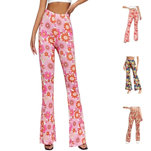 Hose Damen Boho Strandhose Hippie Blumen Schlaghose Weites Bein Palazzo Sommerhose High Waist Bootcut Freizeithose Schön Blumen Druck Caprihose Elastische Taille Yogahose von Generic