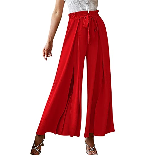 Hose Damen Elegant Chiffon Kordelzug High Waist Plissee Weites Bein Lang Hose mit Taschen Palazzo Einfarbig Culottes-Hose Strandhose Lose Lässige Freizeithose Schlupfhose Pumphose (Rot, XL) von Generic