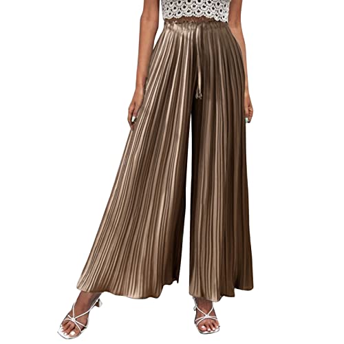 Hose Damen Elegant Kordelzug High Waist Plissee Weites Bein Lang Hose mit Taschen Palazzo Einfarbig Culottes-Hose Strandhose Lose Lässige Freizeithose Schlupfhose Pumphose von Generic