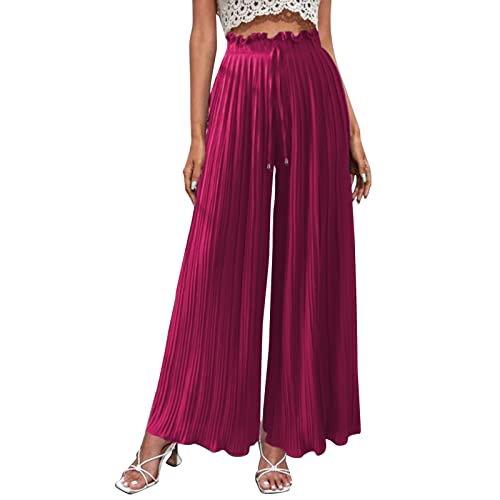 Hose Damen Elegant Kordelzug High Waist Plissee Weites Bein Lang Hose mit Taschen Palazzo Einfarbig Culottes-Hose Strandhose Lose Lässige Freizeithose Schlupfhose Pumphose von Generic